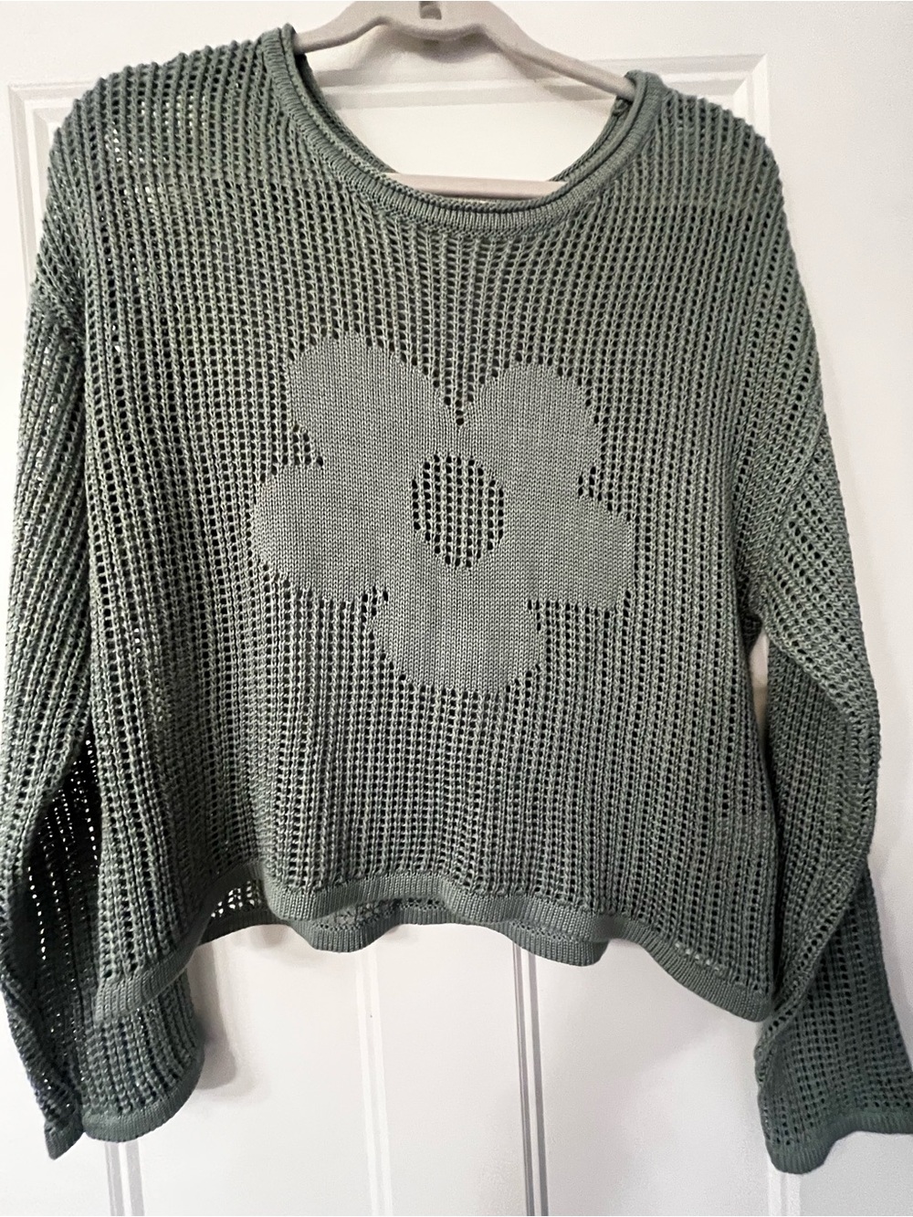Ultra Flirt Sage Green Floral Open-Weave Crewneck Sweater